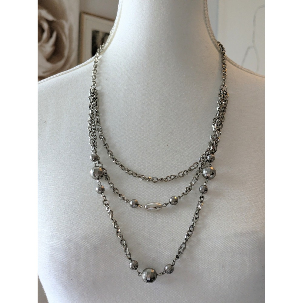 Multi Strand Necklace In Classic Silver Tone Layering Stackable Ball Beads